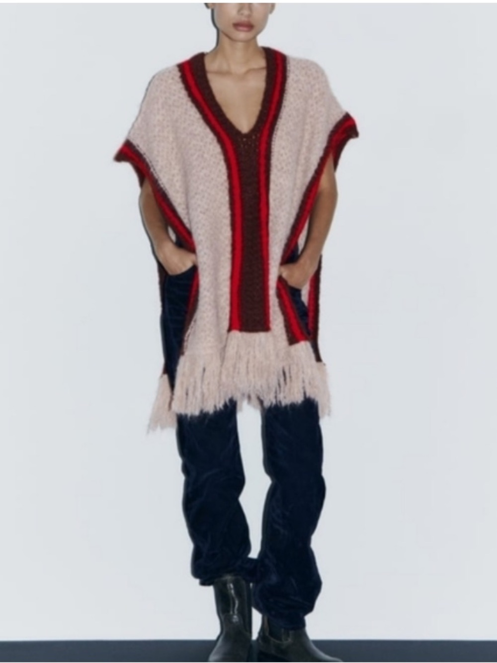 Zara Pink Fringe Knit Poncho with Red & Brown Trim